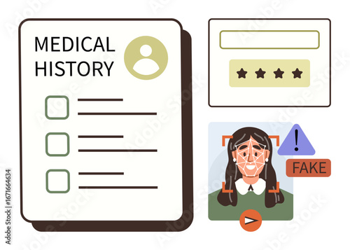 Medical history document, facial recognition scan with fake alert, and password field emphasize data security, identity verification, and healthcare privacy. Ideal for cybersecurity, healthcare