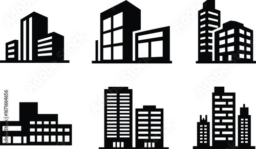 Modern city buildings icons set, urban skyline silhouettes, commercial office structures, flat vector style for architecture and construction themes