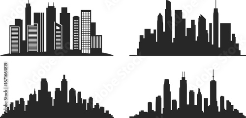 City skyline silhouettes collection, modern skyscraper and building shapes, urban cityscape view in black, flat vector illustration design set