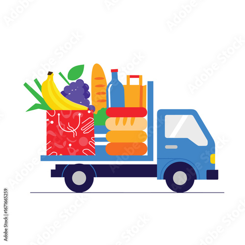 Illustrative graphic of a small blue delivery truck filled with fresh groceries and baked goods