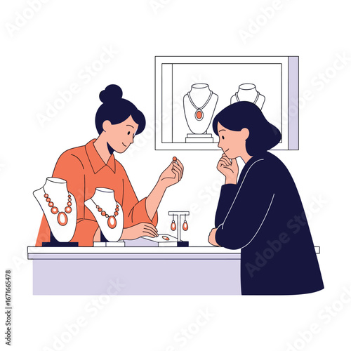 Jewelry consultant explaining gemstone details to a customer at a counter