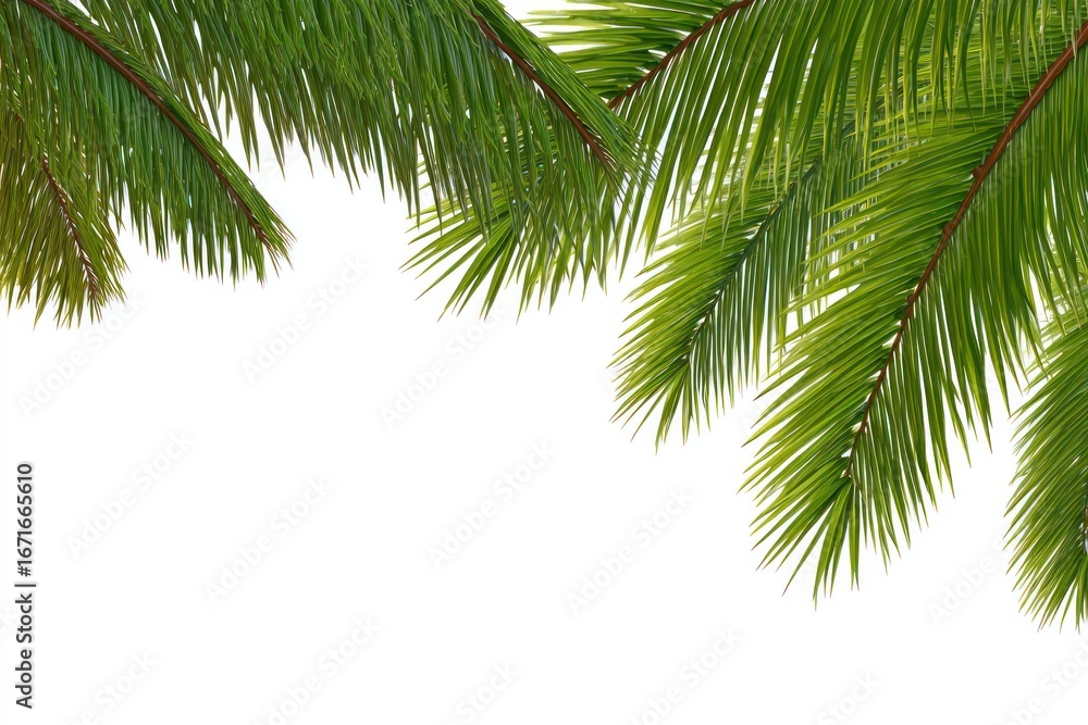 Fototapeta premium Palm fronds frame the view in the upper left, a lush green contrast against a bright white background