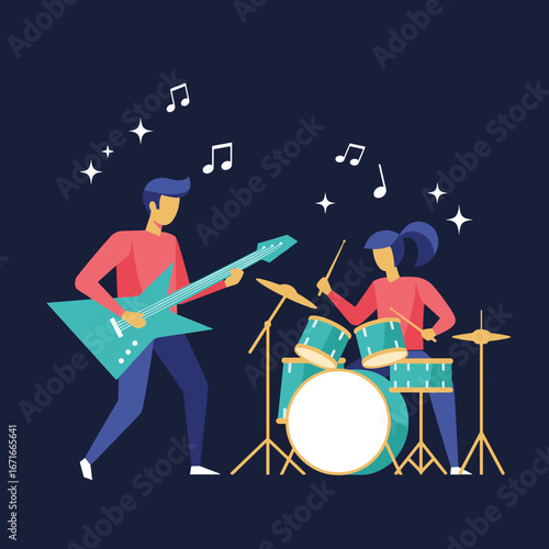 An illustration of a rock band playing music with a guitarist and a drummer on stage