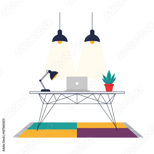 Modern home office setup with desk lamp laptop and plant under stylish pendant lights