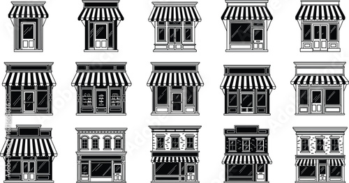 Set of vintage storefronts, small business shop facades, striped awning architecture, retail building icons, black silhouette, commercial exterior vector design