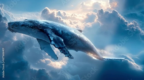 An ethereal blue whale majestically glides through a sky of soft, billowing clouds. Sunlight streams through the vapor, catching the whale's sleek skin and creating a sense of awe and wonder