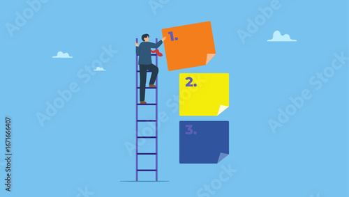 Businessman manage to prioritize sticky note. Priority work moving urgent and important task on top, planning with urgency list, critical or deadline work to be done, project planning.