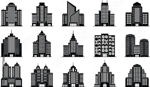Modern commercial building vector set, office towers, business architecture illustration, black and white high rise urban structures, city construction collection