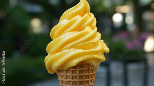 A yellow ice cream cone with a blurred background outside