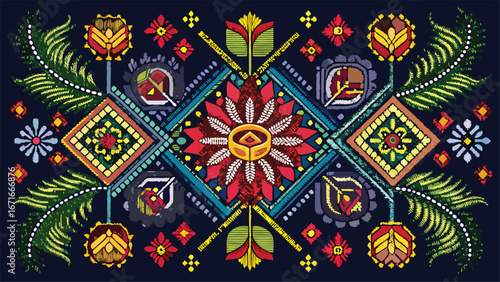 Antique ceramic floral tile mosaic with traditional vintage ornate decoration and a colorful seamless pattern
