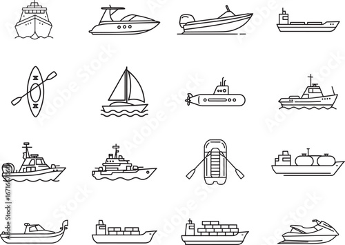 Water Transport Ships and Boats Vector Line Icon Set