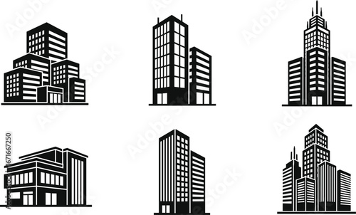 Modern city buildings collection, black silhouette icons, office towers, urban architecture, commercial buildings, flat vector illustration, cityscape design elements