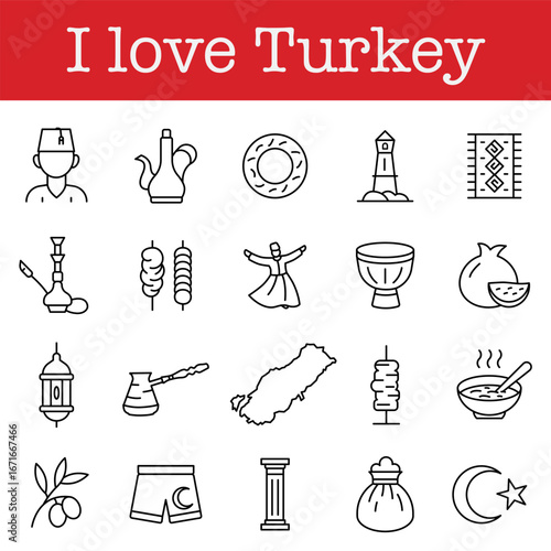 Turkish symbols icon set. Set of icons symbolizing Turkey. EPS 10.