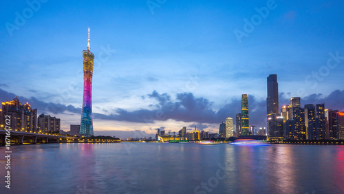 Bild auf Leinwand Guangzhou China buildings tower over Pearl River New City.