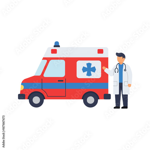 Doctor standing next to ambulance providing medical assistance in emergency situation with professional care and urgency.
