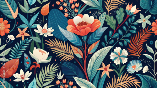 Seamless vector pattern of vintage floral art with colorful flowers, leaves, and plants on a fabric textile for a decorative backdrop or wallpaper design
