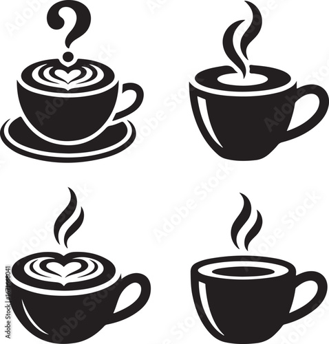 Black and white vector bundle of different coffee cups including latte, cappuccino, espresso, and americano
