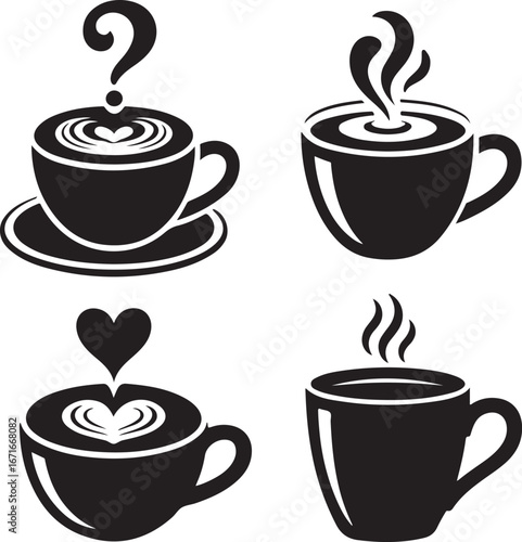 Black and white vector bundle of different coffee cups including latte, cappuccino, espresso, and americano