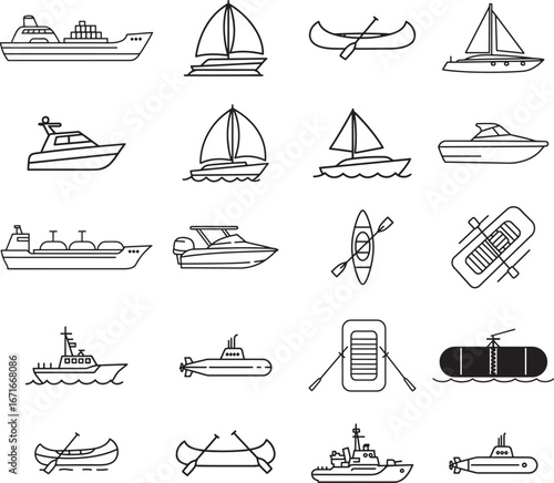 Water Transport Ships and Boats Vector Line Icon Set
