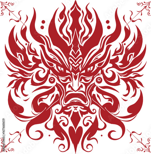 Red Tribal Face Vector — Symmetrical Flame-Like Design with Fierce Expression for Tattoo, Fantasy, or Mythic Graphic Themes