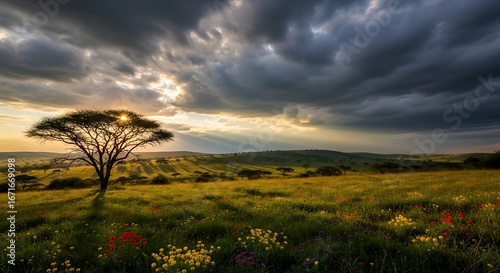 African Sunset - Acacia Tree Silhouetted Against Dramatic Sky.