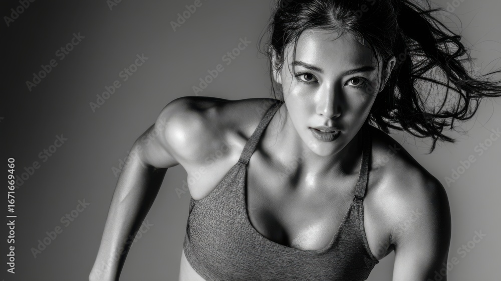 Dynamic black and white portrait of a female athlete running in a studio with dramatic lighting Dynamic black and white portrait of a female athlete running in a studio with dramatic lighting