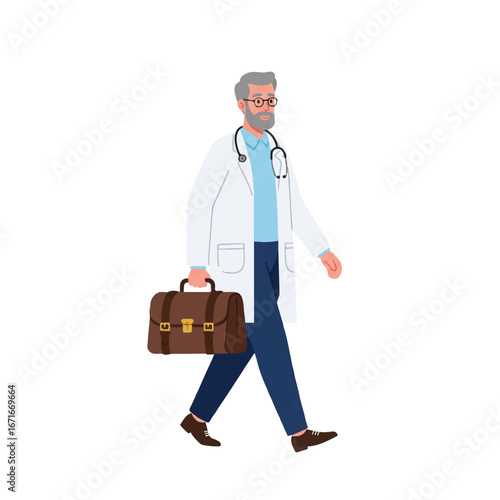 Doctor with gray hair walking with a brown leather briefcase on white background, symbolizing professionalism and healthcare expertise.