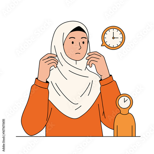 Cartoon hijab woman fixing scarf with clock