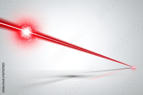 Red laser beam emits from source, travels across gray space, reflecting on floor