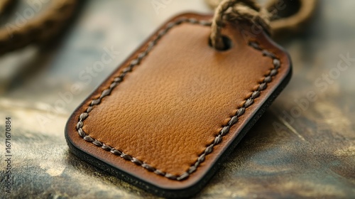 Close up of a brown leather tag with rope on a surface