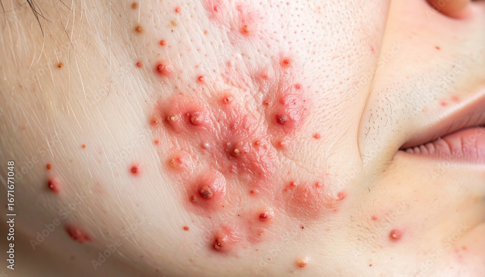 Fototapeta premium Acne inflammation on male facial skin