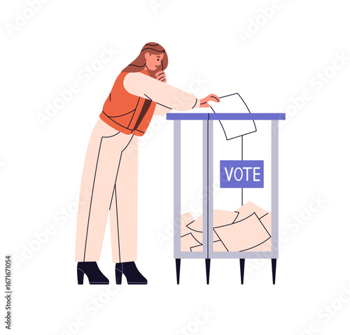 Voter puts ballot in transparent box. Young woman votes at election day. Girl casts paper with social poll, political choice of candidate in container. Flat isolated vector illustration on white