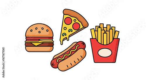Various fast food items including a burger, pizza slice, hot dog, and french fries arranged on a white surface representing unhealthy eating habits.