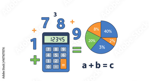 Calculator and pie chart representing financial calculations and data analysis for business planning and reporting in a modern and clean style.