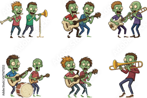 Funny Cartoon Zombie Musicians Playing Instruments in Band Set - Vector Illustration for Halloween, Music Theme, and Entertainment Concepts