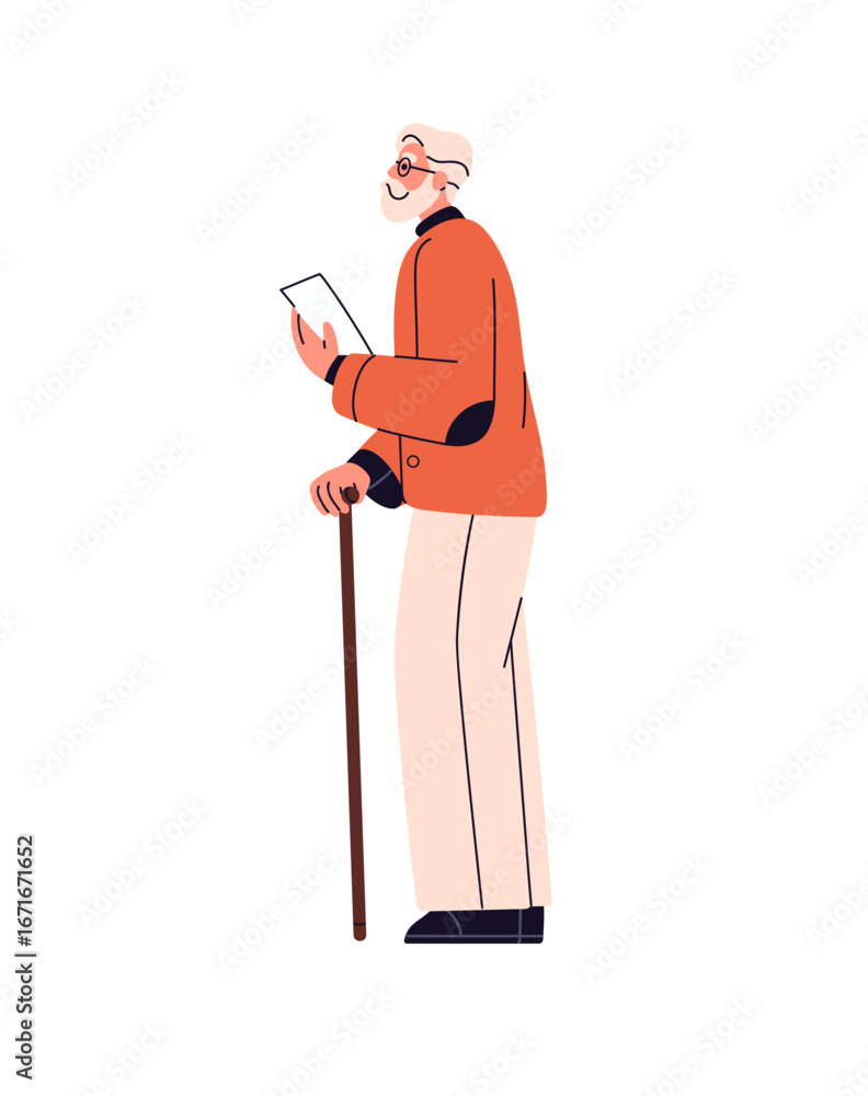 Fototapeta premium Senior person leans on walking stick, holds paper sheet in hand. Old man with documents looks up side view. Happy elderly character with glasses stands. Flat isolated vector illustration on white