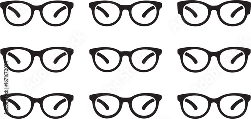Glasses Icons Different Angle View Black Vector Illustration Set Isolated On White Background
