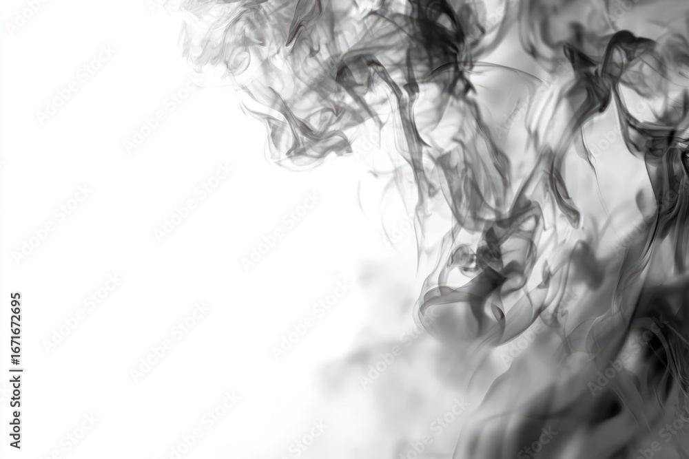 Fototapeta premium Ethereal plumes of dark smoke rise and swirl against a clean, white background. A wispy, abstract composition