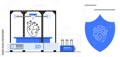 3D printer building a human heart beside a shield with a fingerprint, emphasizing medical innovation, data protection, biotechnology, healthcare, security, research, and scientific progress. Ideal