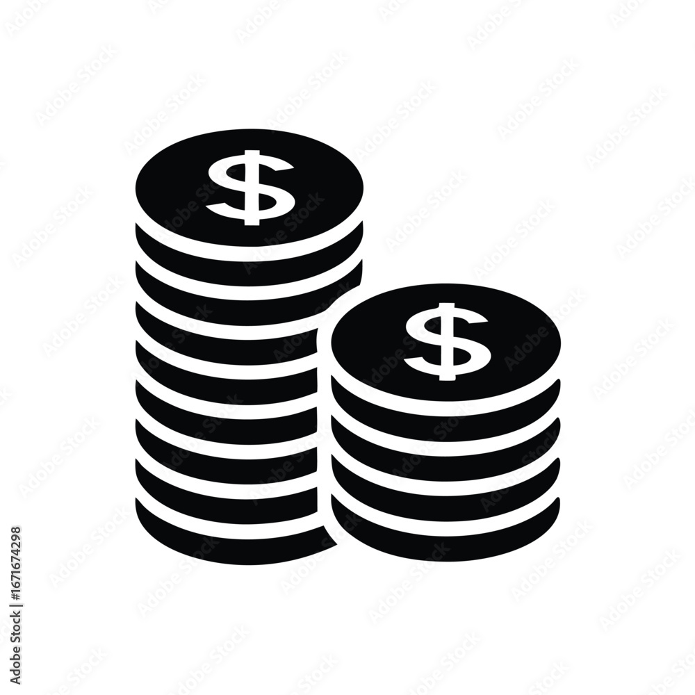 Two coin stacks feature the dollar symbol on a clean, simple light background Two coin stacks feature the dollar symbol on a clean, simple light background