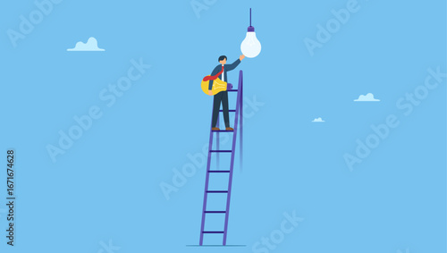 Success businessman leader climb up ladder to change lightbulb idea. Change to new innovation, transform to new business, solution to disrupt or replace old model with bright technology.