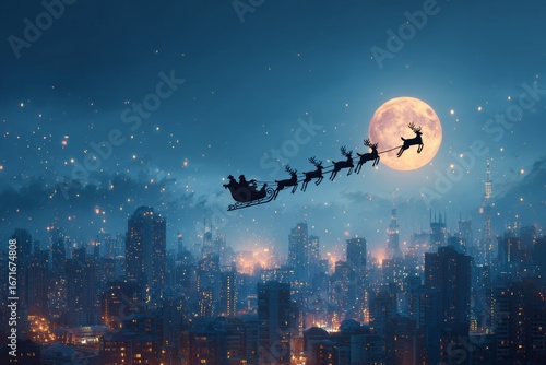 Santa claus flying over city skyline at night with full moon