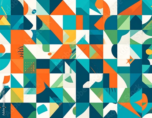 A vibrant, geometric pattern composed of squares and triangles in a variety of bright colors and shapes.