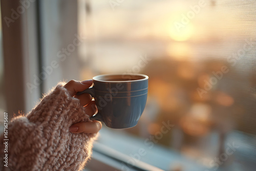 Cozy morning ritual holding warm coffee mug by window with soft golden sunrise glow, embracing comfort and tranquility