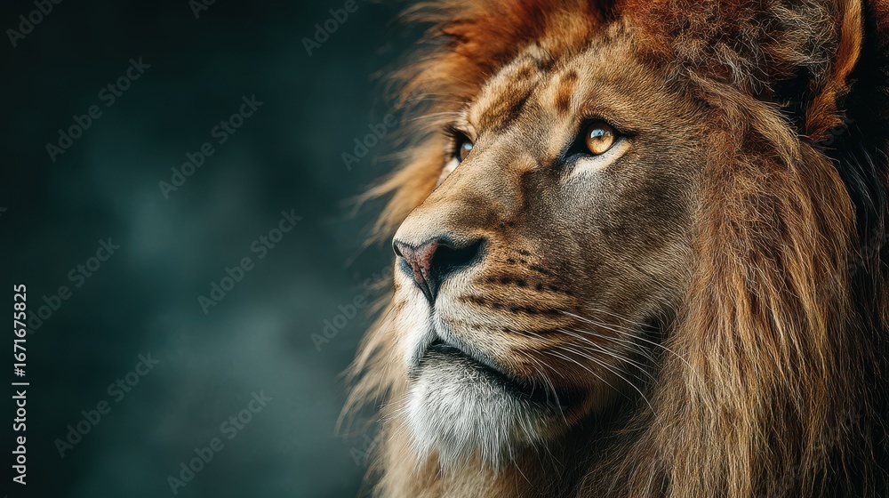 Fototapeta premium Majestic lion gazing thoughtfully into the distance against a blurred dark background