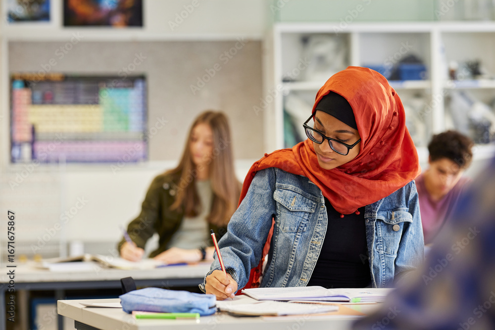 © Rido - Portrait of beautiful muslim student in hijab writing in classroom