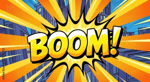 Dynamic cityscape background with bursting 'BOOM!' effect for impactful messages