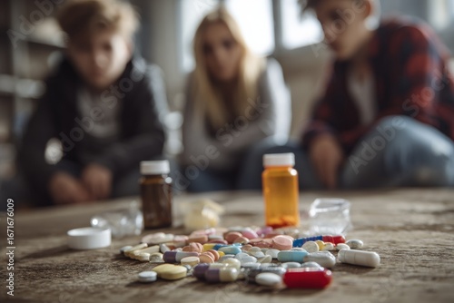 Teenagers looking at colorful pills on a table: drug abuse concept