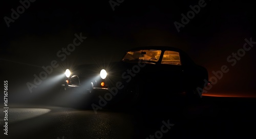 Vintage Black Car Headlights Shining in Dark Night Atmosphere