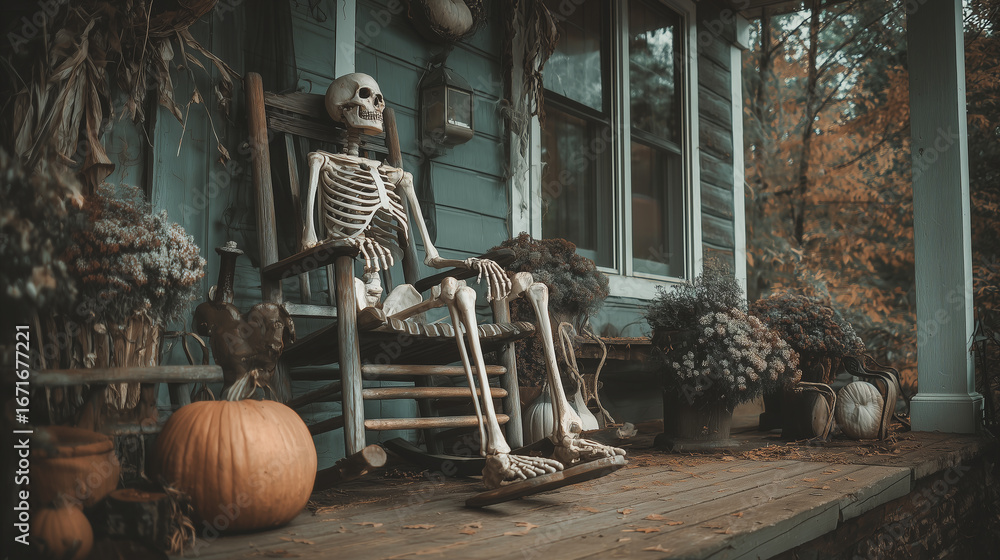 Naklejka premium Skeleton sitting on a rocking chair by the porch , Hallowen, photo style
